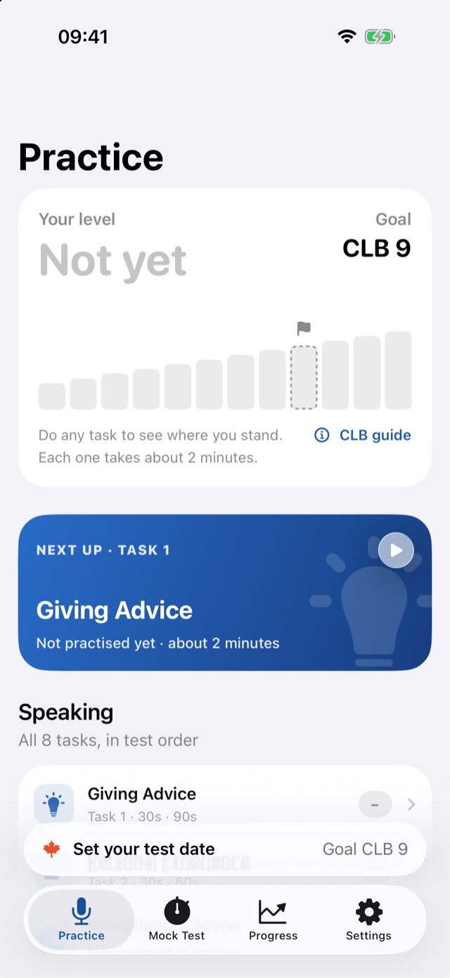 MapleSpeak practice screen with your CLB level and today's task